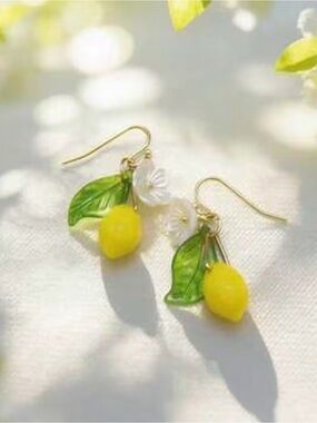 Yellow Lemon & Green Leaf Dangle Earrings
